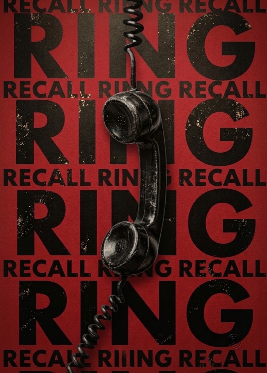 Svart telefonlur mot röd botten med orden Ring och Recall
